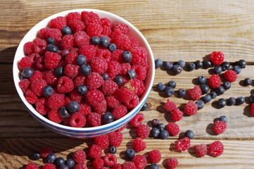Mature juicy berries of raspberry and bilberry  in a plate on a wooden table