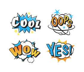 Pop art comic speech bubble boom effects vector. Bubble boom speech and pop explosion bang bubble boom. Communication cloud fun humor book splash element abstract funny balloon. © Vectorvstocker