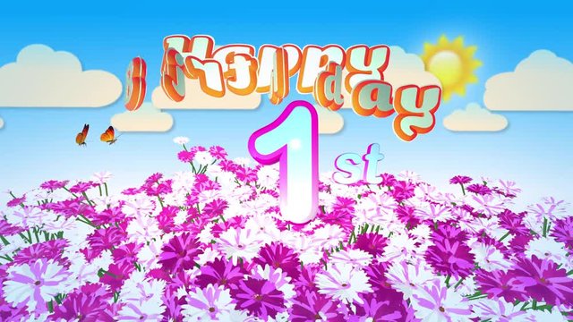Happy 1st Birthday in a Field of Flowers while two little Butterflys circulating around the Logo. Twenty seconds seamless looping Animation.