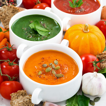 assortment of fresh vegetable cream soups and ingredients