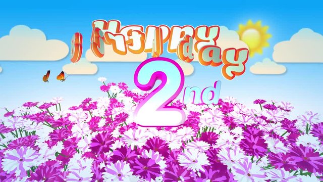 Happy 2nd Birthday in a Field of Flowers while two little Butterflys circulating around the Logo. Twenty seconds seamless looping Animation.