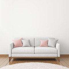 Interior poster mock-up with fabric sofa and pillows on white wall background. 3D rendering.