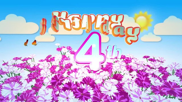 Happy 4th Birthday in a Field of Flowers, seamless looping Animation with two little Butterfly circulating Motion Title Logo.