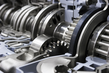 Gearbox cross-section, engine industry, sprockets, cogwheels and bearings of automotive...
