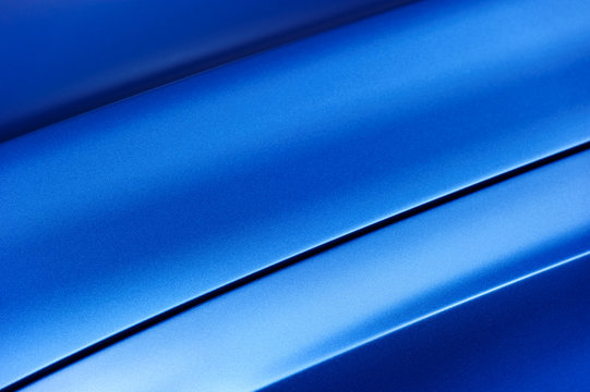 Surface Of Blue Sport Sedan Car Metal Hood, Part Of Vehicle Bodywork, Steel Gradient Line Pattern 