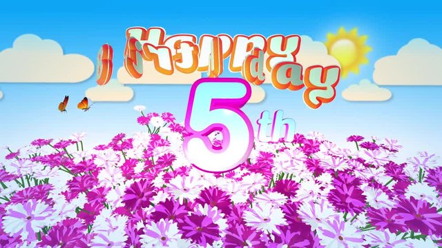 Happy 5th Birthday in a Field of Flowers, seamless looping Animation with two little Butterfly circulating Motion Title Logo.