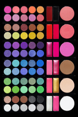 Professional cosmetic, set of colorful eyeshadows, powder, ruddy in black palette, makeup accessory 
