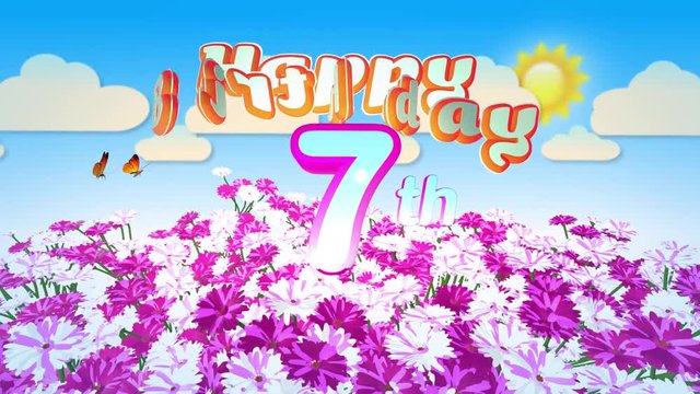 Happy 7th Birthday in a Field of Flowers while two little Butterflys circulating around the Logo. Twenty seconds seamless looping Animation.