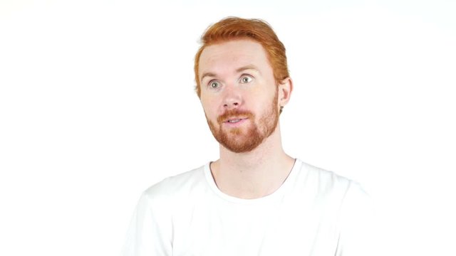 Red hair man doing video call , video conference , white background