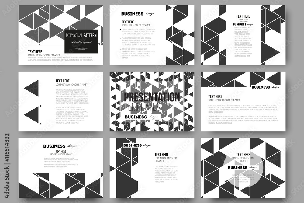 Poster set of 9 templates for presentation slides. triangular vector pattern. abstract black triangles on w