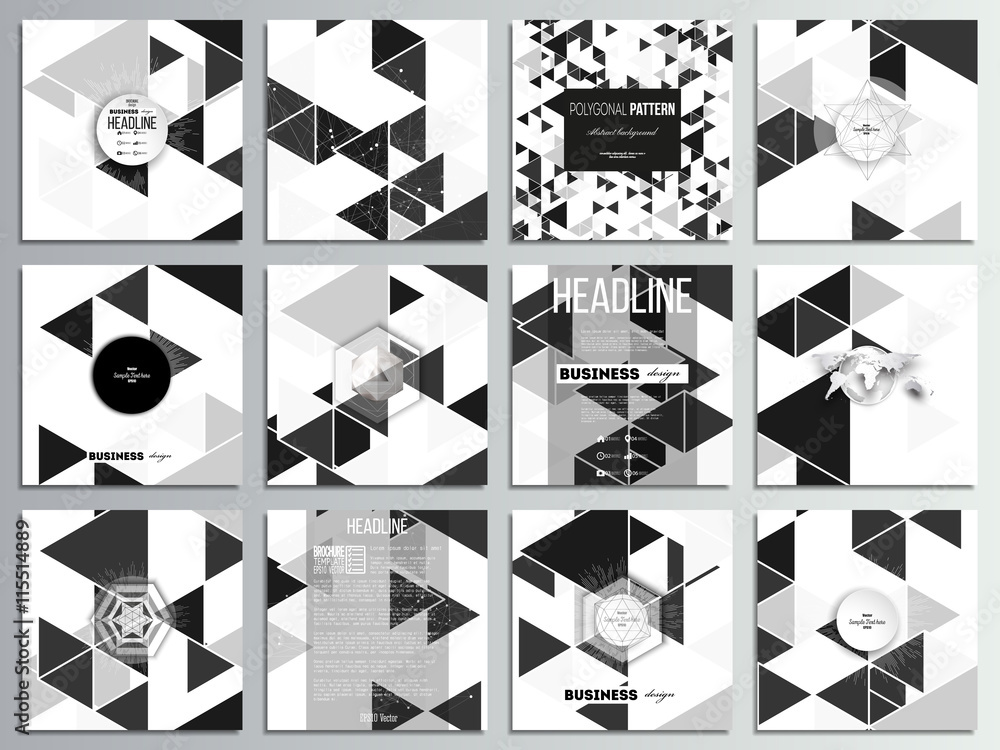 Poster set of 12 creative cards, square brochure template design. triangular vector pattern. abstract black