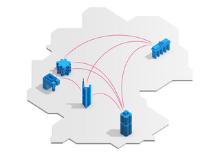 Deutschland-Landkarte mit Städte-Verbindungen: Berlin, München, Frankfurt, Köln und Düsseldorf 