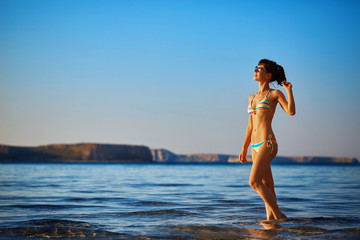 beautiful sexy woman dressed in bikini walking on the beach along the sea front