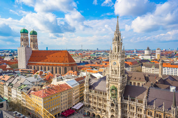 Fototapeta na wymiar Aerial view of Marienplatz town hall and Frauenkirche in Munich,