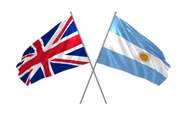 3d illustration of UK and Argentina flags together waving in the wind