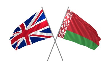 3d illustration of UK and Belarus flags together waving in the wind
