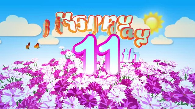 Happy 11th Birthday in a Field of Flowers, seamless looping Animation with two little Butterfly circulating Motion Title Logo.