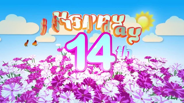 Happy 14th Birthday in a Field of Flowers, seamless looping Animation with two little Butterfly circulating Motion Title Logo.