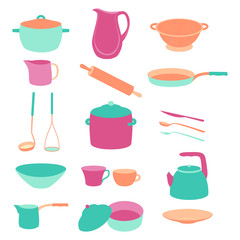 Cute colorful kitchen utensil set. Flat design