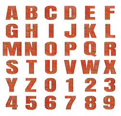old rusty metal english alphabet, numbers and signs with white background