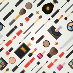 Flat illustration of cosmetic products. Seamless vector background.