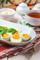 Boiled eggs on a platter.