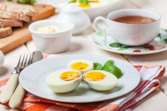 Boiled eggs on a platter.