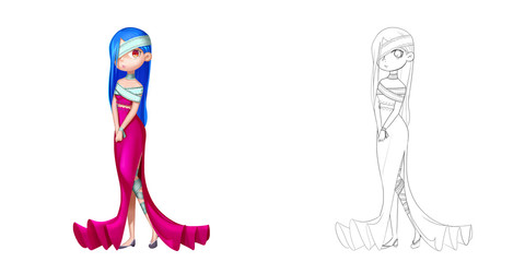 Princess 25: The Mummy Princess. Coloring Book, Outline Sketch, Human Character Design isolated on White Background
