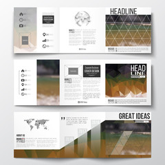 Vector set of tri-fold brochures, square design templates. Colorful polygonal backdrop, blurred natural background, modern stylish triangle texture