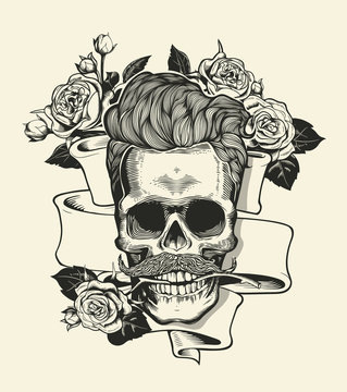Hipster skull silhouette with mustache and arose in teeth ribbon bouquet of roses on a background. Vector illustration in vintage engraving style. Perfect for t-shirt print.