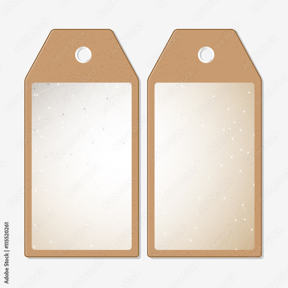 Poster tags design on both sides, cardboard sale labels. abstract polygonal low poly backdrop with connecti