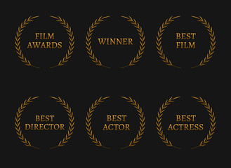 Film academy awards winners and best nominee gold wreaths on black background.