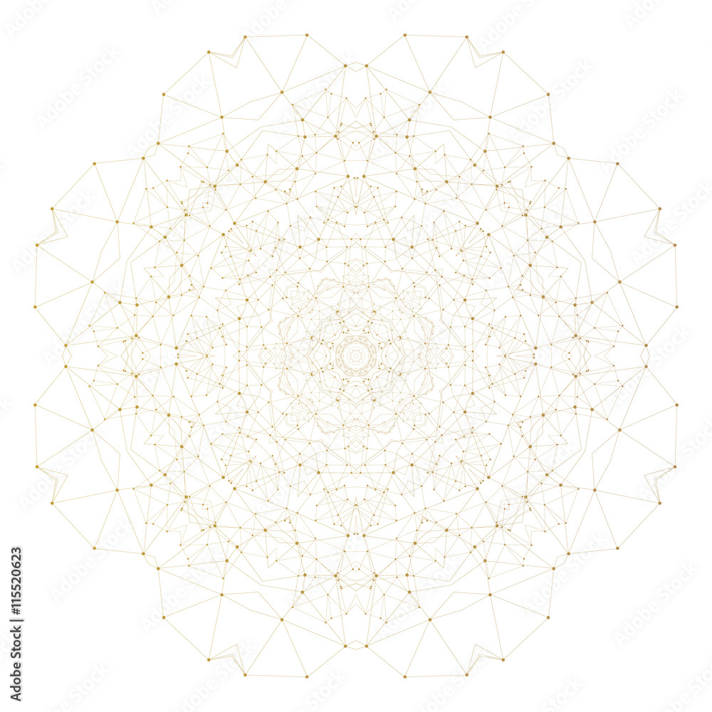 Aufkleber abstract polygonal low poly backdrop with connecting dots and lines, golden mandala isolated on whit