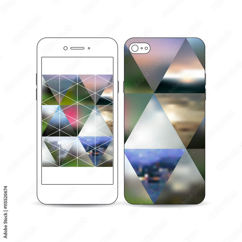Poster mobile smartphone with an example of the screen and cover design isolated on white. abstract colorfu