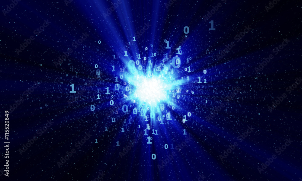 Poster abstract digital binary star with blue rays in cyberspace