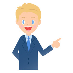 横を指差すビジネスマン、男性会社員のイラスト素材