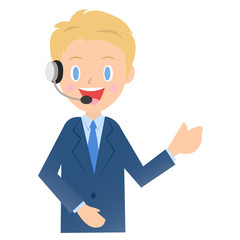 ヘッドセットをつけたビジネスマン、男性会社員のイラスト素材
