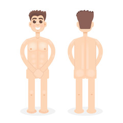 Nude, unclad, naked man, front, back view ftat style character