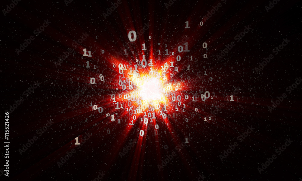 Poster the explosion of binary stars with red rays in cyberspace