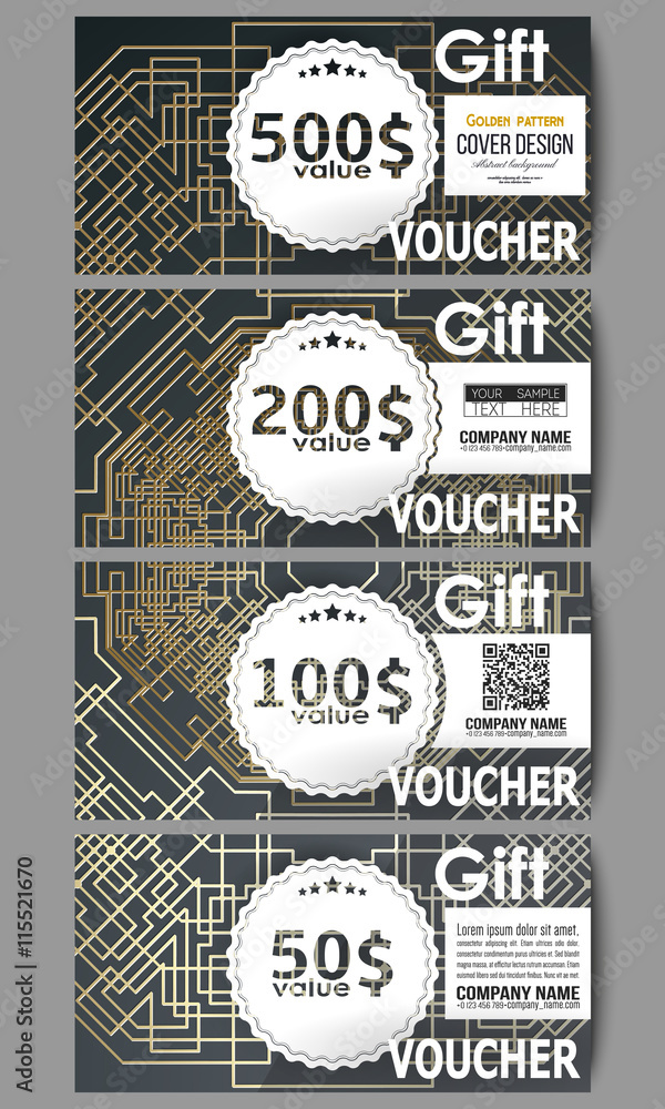 Poster set of modern gift voucher templates. golden technology pattern on dark background with connecting l