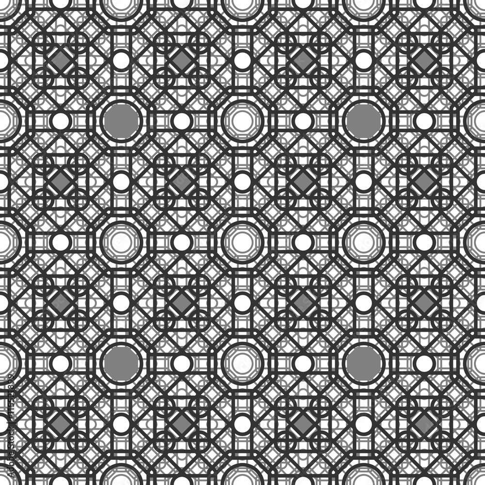 Poster seamless pattern with overlapping geometric shapes forming abstract ornament. vector stylish black t