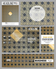 Set of business templates for presentation, brochure, flyer or booklet. Islamic gold pattern with overlapping geometric square shapes forming abstract ornament. Vector stylish golden texture on black