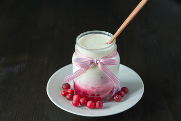 natural yogurt with cranberry jam in a jar on a dark
