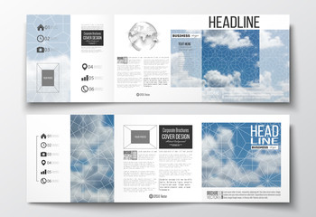 Set of tri-fold brochures, square design templates. Beautiful blue sky, abstract geometric background with white clouds, leaflet cover, business layout, vector illustration.