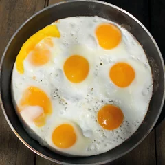 Aluminium Prints Fried eggs  hot appetizing dish/ flat lay, fried eggs in a frying pan top view 