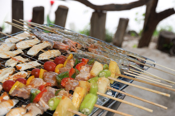 Bar-B-Q grill of meat and veggies