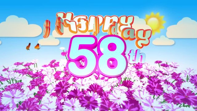 Happy 58th Birtday in a Field of Flowers while two little Butterflys circulating around the Logo. Twenty seconds seamless looping Animation.