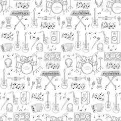 Music icons vector illustrations hand drawn doodle seamless background.  Musical instruments and symbols guitar, drum set, synthesizer, dj mixer, stereo, microphone,  accordion,saxophone, headphones.