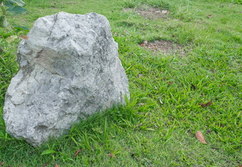 Big stone, on green grass in the garden  