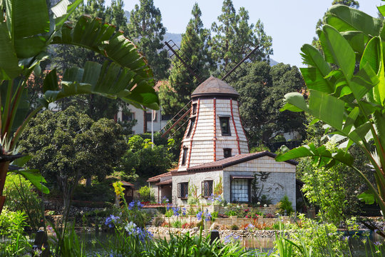 The garden of meditation in Santa Monica, United States. Park of five religions at the lake Shrine, landscape. 